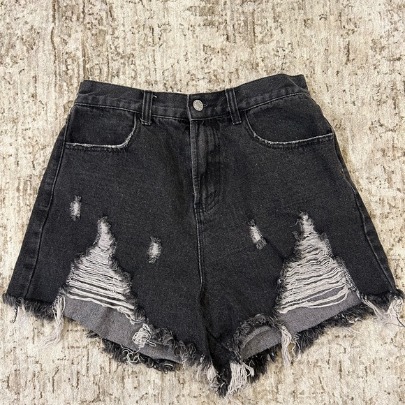 High Waist Black Denim Shorts - Picture 1 of 4